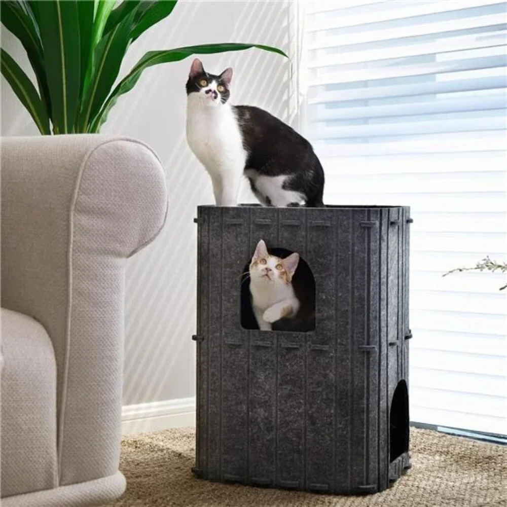 2 Story Cat House Indoor Cat Condo Felt Covered Large Multi Cat Bed Hideaway Gre